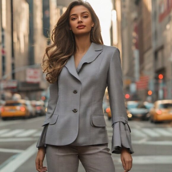 Carolina Herrera Fitted Gray Peaked Lapel Tulip Flared Cuff  Blazer Size Small - Picture 1 of 11